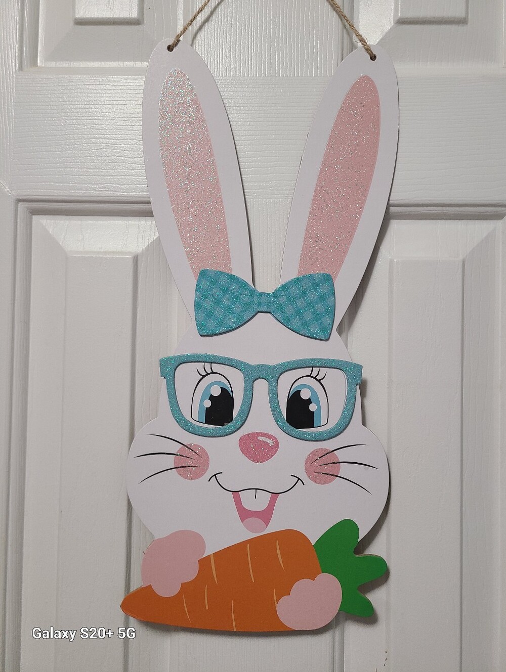 Easter Bunny Wood Hanging Vertical Sign with Glasses Bow Carrot Home Decor